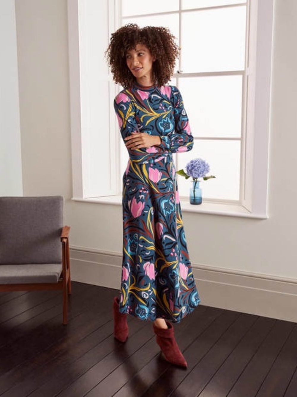 Boden Navy & Pink Carly Long-Sleeve Floral Print Midi Dress Boho Autumn Size 16